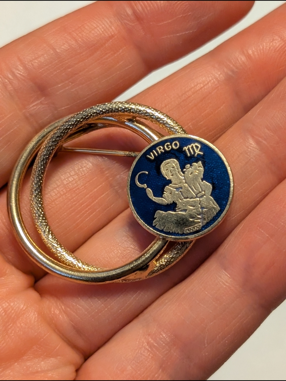 Virgo Zodiac Circle Brooch - Blue & Gold Enamel